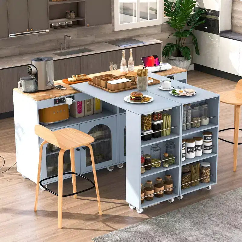 Îlot de cuisine roulant avec table extensible, îlot de cuisine sur roulettes avec lumières LED, prises électriques, 2 portes en verre cannelé et étagères de rangement