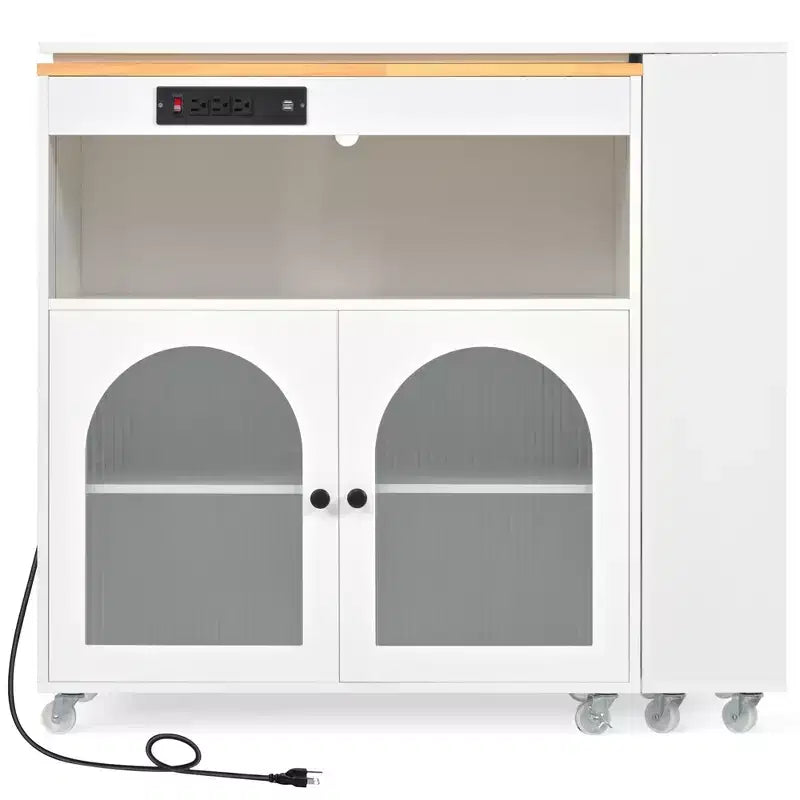 Îlot de cuisine roulant avec table extensible, îlot de cuisine sur roulettes avec lumières LED, prises électriques, 2 portes en verre cannelé et étagères de rangement