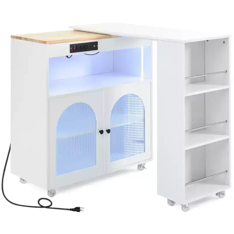 Îlot de cuisine roulant avec table extensible, îlot de cuisine sur roulettes avec lumières LED, prises électriques, 2 portes en verre cannelé et étagères de rangement