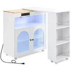 Îlot de cuisine roulant avec table extensible, îlot de cuisine sur roulettes avec lumières LED, prises électriques, 2 portes en verre cannelé et étagères de rangement