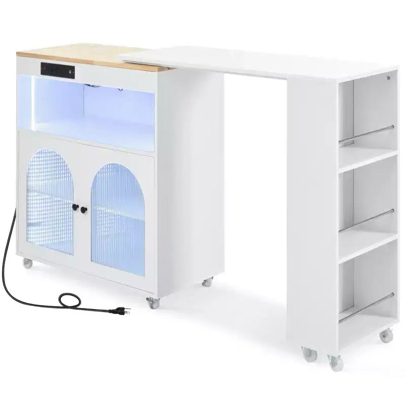 Îlot de cuisine roulant avec table extensible, îlot de cuisine sur roulettes avec lumières LED, prises électriques, 2 portes en verre cannelé et étagères de rangement