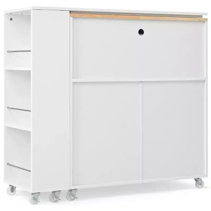 Îlot de cuisine roulant avec table extensible, îlot de cuisine sur roulettes avec lumières LED, prises électriques, 2 portes en verre cannelé et étagères de rangement