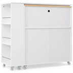 Îlot de cuisine roulant avec table extensible, îlot de cuisine sur roulettes avec lumières LED, prises électriques, 2 portes en verre cannelé et étagères de rangement