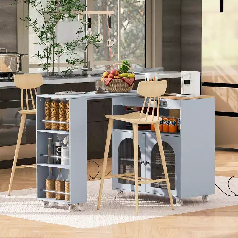 Îlot de cuisine roulant avec table extensible, îlot de cuisine sur roulettes avec lumières LED, prises électriques, 2 portes en verre cannelé et étagères de rangement
