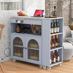 Îlot de cuisine roulant avec table extensible, îlot de cuisine sur roulettes avec lumières LED, prises électriques, 2 portes en verre cannelé et étagères de rangement