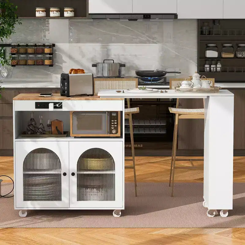 Îlot de cuisine roulant avec table extensible, îlot de cuisine sur roulettes avec lumières LED, prises électriques, 2 portes en verre cannelé et étagères de rangement