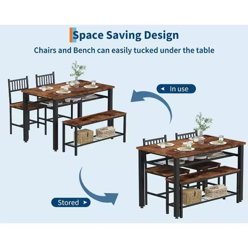 Ensemble table de cuisine 4 pièces pour petit espace - Moderne - 2 chaises, 1 banc, 1 table, ensemble de salle à manger rectangulaire de 120 cm avec banc de rangement