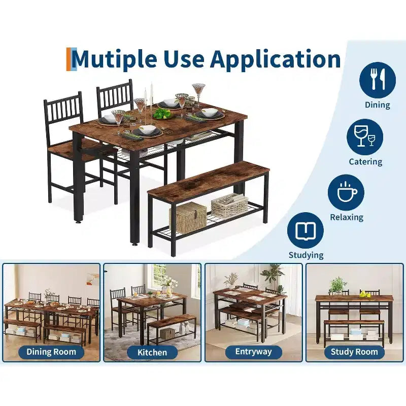 Ensemble table de cuisine 4 pièces pour petit espace - Moderne - 2 chaises, 1 banc, 1 table, ensemble de salle à manger rectangulaire de 120 cm avec banc de rangement