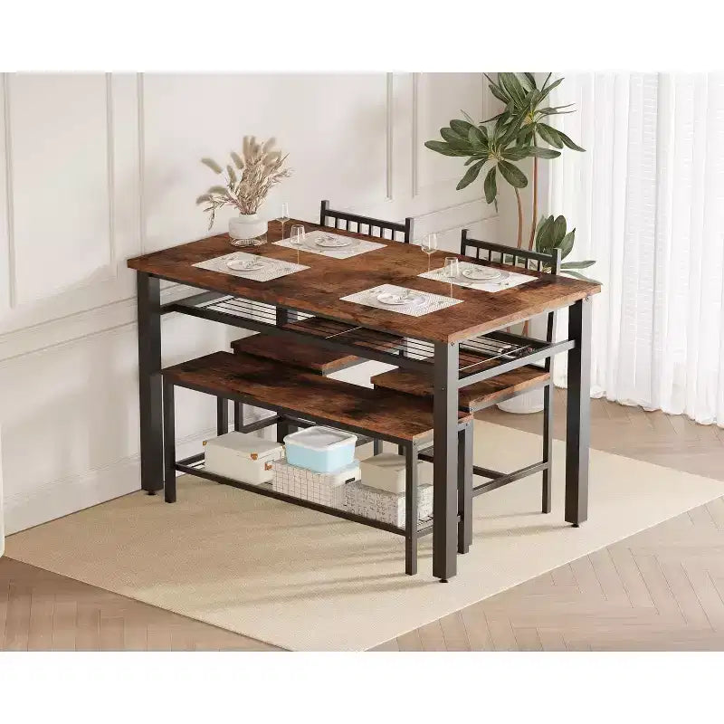 Ensemble table de cuisine 4 pièces pour petit espace - Moderne - 2 chaises, 1 banc, 1 table, ensemble de salle à manger rectangulaire de 120 cm avec banc de rangement
