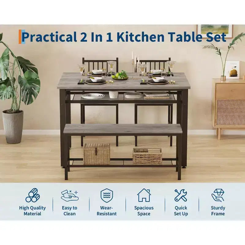 Ensemble table de cuisine 4 pièces pour petit espace - Moderne - 2 chaises, 1 banc, 1 table, ensemble de salle à manger rectangulaire de 120 cm avec banc de rangement