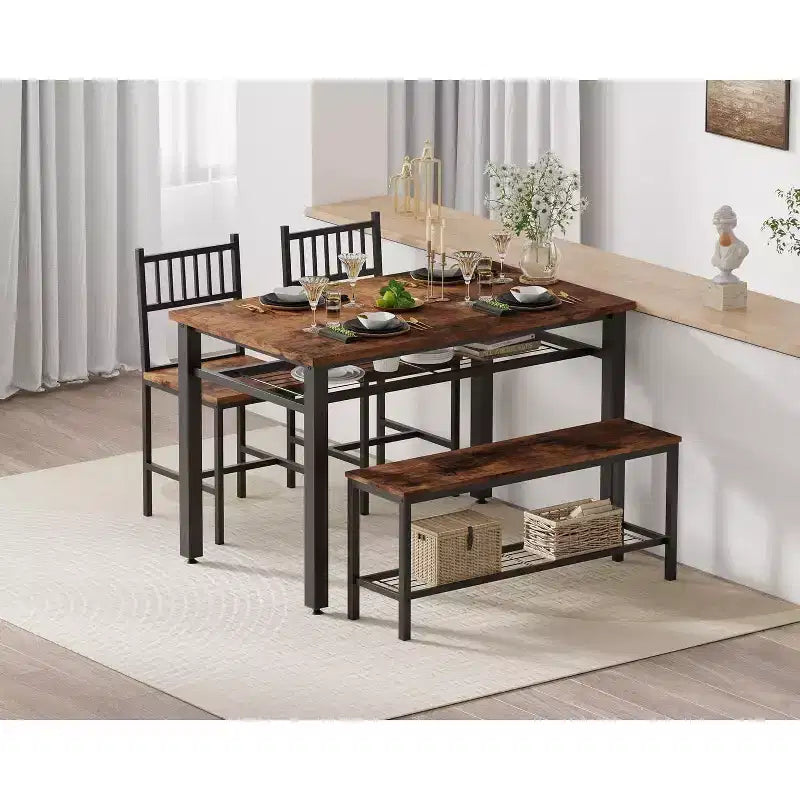 Ensemble table de cuisine 4 pièces pour petit espace - Moderne - 2 chaises, 1 banc, 1 table, ensemble de salle à manger rectangulaire de 120 cm avec banc de rangement