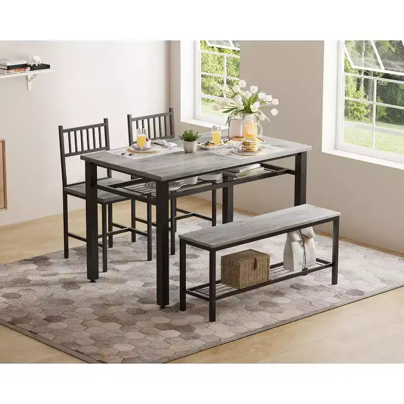 Ensemble table de cuisine 4 pièces pour petit espace - Moderne - 2 chaises, 1 banc, 1 table, ensemble de salle à manger rectangulaire de 120 cm avec banc de rangement