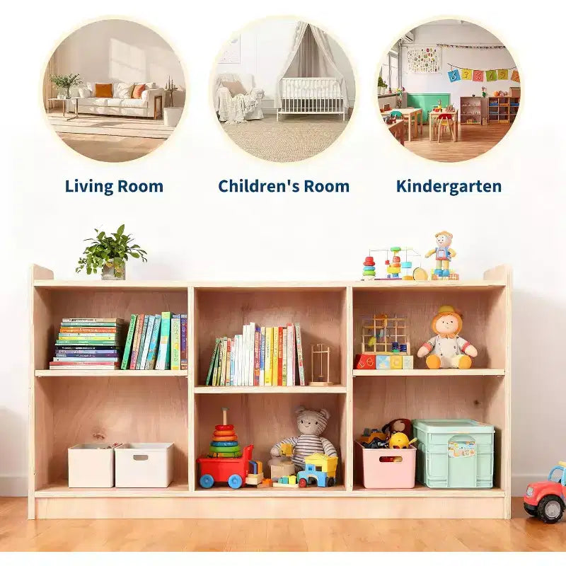Étagère de rangement en bois, organiseur de jouets et de livres à 5 compartiments avec séparateurs réglables, bibliothèque pour enfants au fini naturel pour salles de jeux, crèches et salles de classe