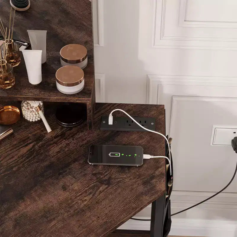 Coiffeuse d'angle et tabouret, Coiffeuse d'angle avec miroir lumineux LED, station de charge et armoire pour chambre à coucher