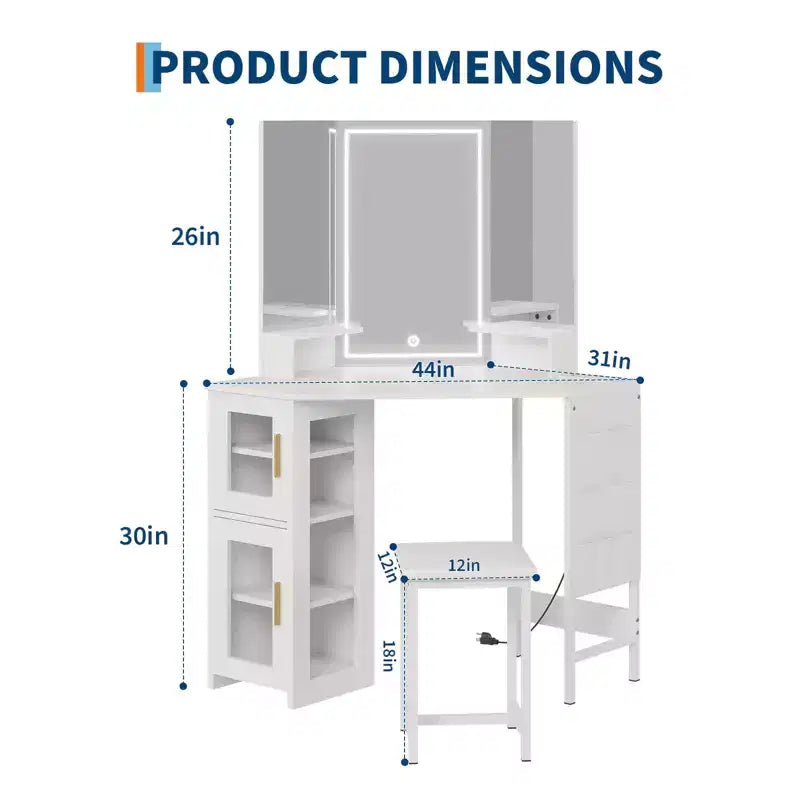 Coiffeuse d'angle et tabouret, Coiffeuse d'angle avec miroir lumineux LED, station de charge et armoire pour chambre à coucher