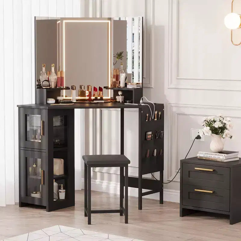 Coiffeuse d'angle et tabouret, Coiffeuse d'angle avec miroir lumineux LED, station de charge et armoire pour chambre à coucher