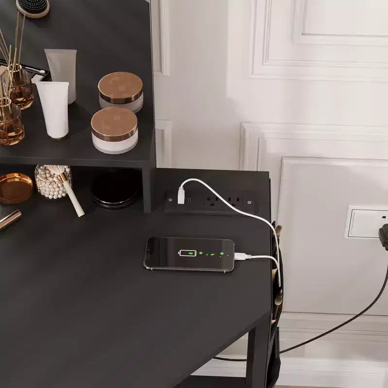 Coiffeuse d'angle et tabouret, Coiffeuse d'angle avec miroir lumineux LED, station de charge et armoire pour chambre à coucher
