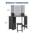 Coiffeuse d'angle et tabouret, Coiffeuse d'angle avec miroir lumineux LED, station de charge et armoire pour chambre à coucher