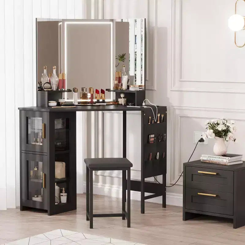 Corner Vanity Desk and Stool, Corner Makeup Vanity with LED Lighted Mirror Charging Station and Cabinet for Bedroom