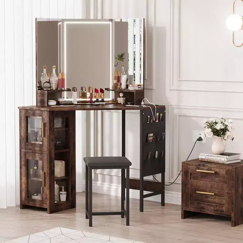 Coiffeuse d'angle et tabouret, Coiffeuse d'angle avec miroir lumineux LED, station de charge et armoire pour chambre à coucher