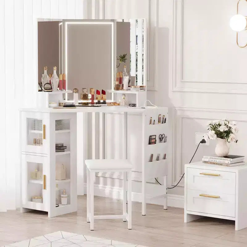 Coiffeuse d'angle et tabouret, Coiffeuse d'angle avec miroir lumineux LED, station de charge et armoire pour chambre à coucher