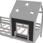 Lit plateforme cabane double/grand format avec escaliers bas, bibliothèque, tableau noir et toit étoilé - ModernLuxe