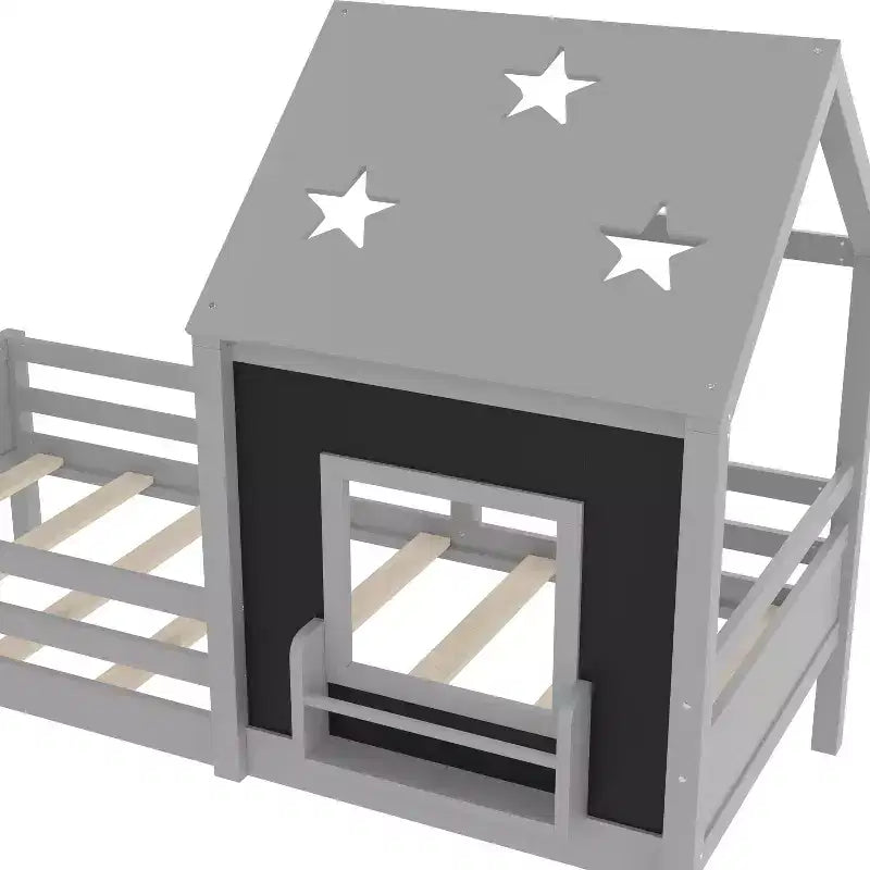 Lit plateforme cabane double/grand format avec escaliers bas, bibliothèque, tableau noir et toit étoilé - ModernLuxe