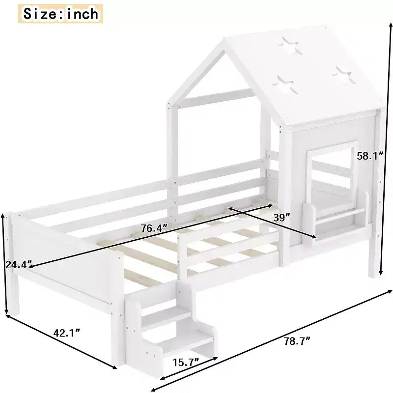 Lit plateforme cabane double/grand format avec escaliers bas, bibliothèque, tableau noir et toit étoilé - ModernLuxe