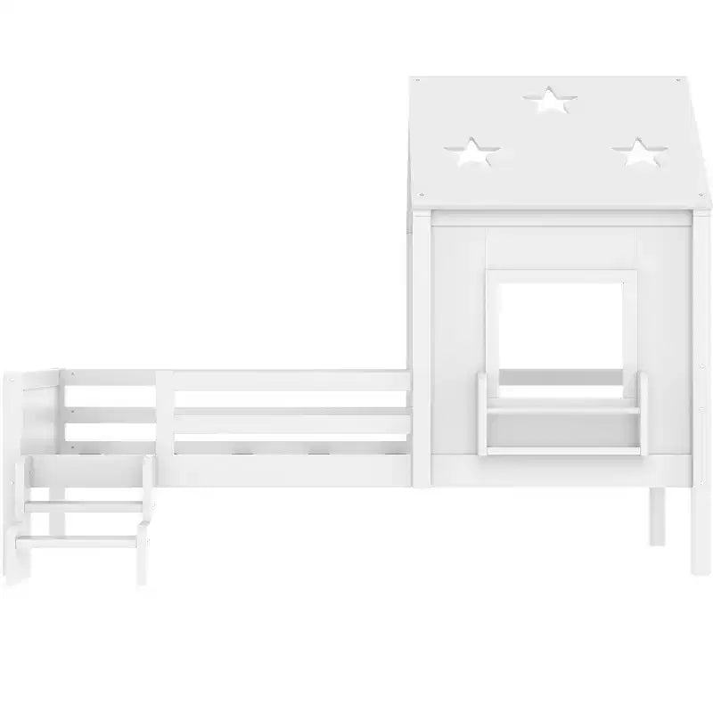 Lit plateforme cabane double/grand format avec escaliers bas, bibliothèque, tableau noir et toit étoilé - ModernLuxe