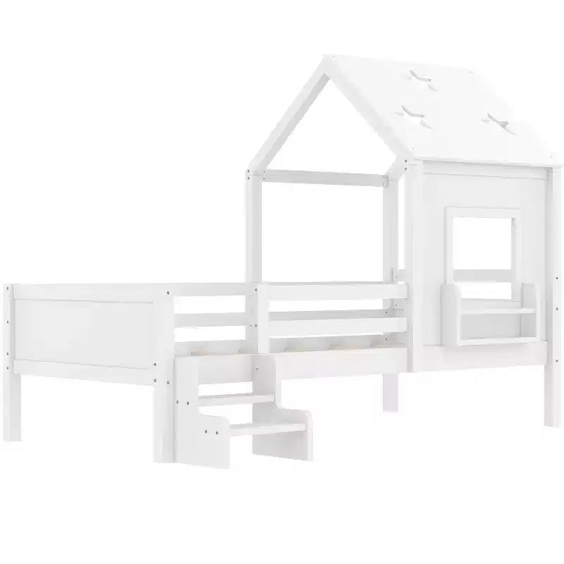 Lit plateforme cabane double/grand format avec escaliers bas, bibliothèque, tableau noir et toit étoilé - ModernLuxe