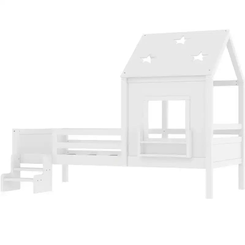 Lit plateforme cabane double/grand format avec escaliers bas, bibliothèque, tableau noir et toit étoilé - ModernLuxe