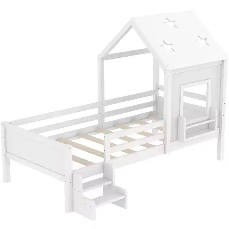 Lit plateforme cabane double/grand format avec escaliers bas, bibliothèque, tableau noir et toit étoilé - ModernLuxe