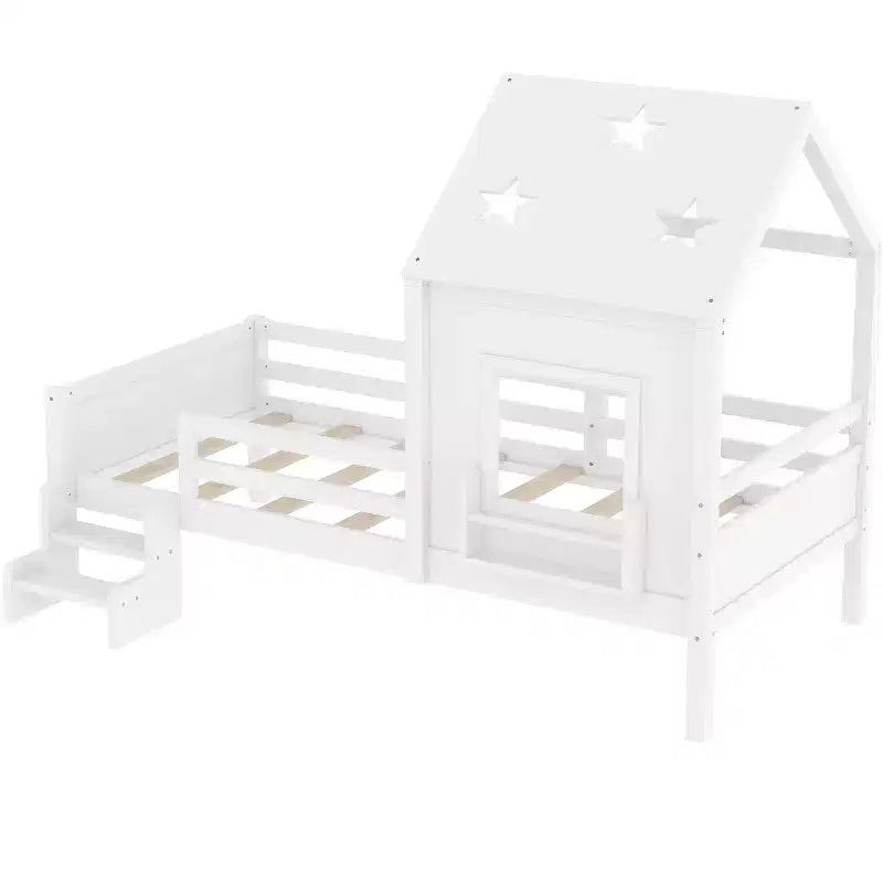 Lit plateforme cabane double/grand format avec escaliers bas, bibliothèque, tableau noir et toit étoilé - ModernLuxe