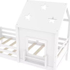 Lit plateforme cabane double/grand format avec escaliers bas, bibliothèque, tableau noir et toit étoilé - ModernLuxe