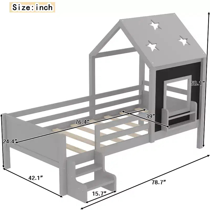 Lit plateforme cabane double/grand format avec escaliers bas, bibliothèque, tableau noir et toit étoilé - ModernLuxe