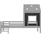 Lit plateforme cabane double/grand format avec escaliers bas, bibliothèque, tableau noir et toit étoilé - ModernLuxe