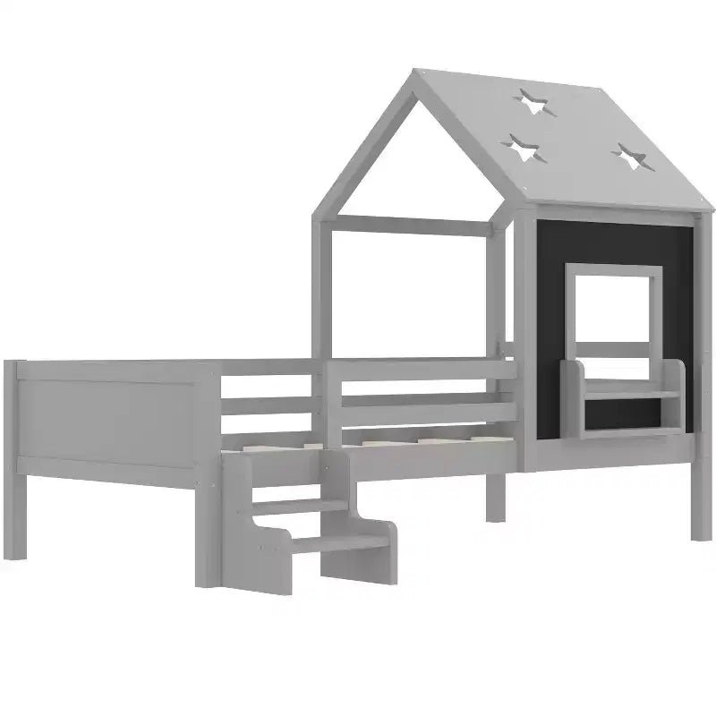 Lit plateforme cabane double/grand format avec escaliers bas, bibliothèque, tableau noir et toit étoilé - ModernLuxe
