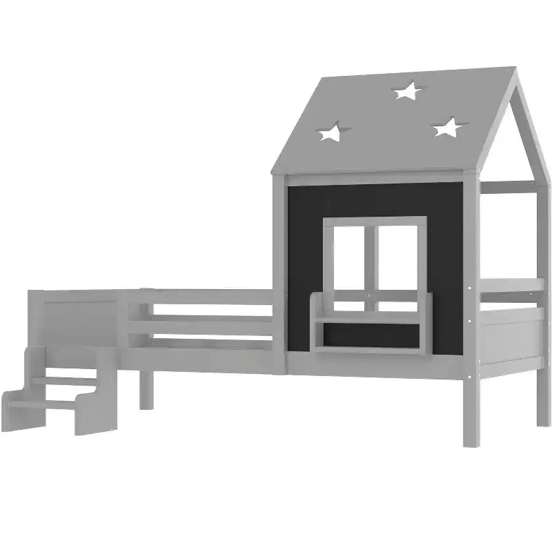 Lit plateforme cabane double/grand format avec escaliers bas, bibliothèque, tableau noir et toit étoilé - ModernLuxe