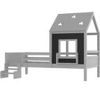 Lit plateforme cabane double/grand format avec escaliers bas, bibliothèque, tableau noir et toit étoilé - ModernLuxe