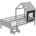 Lit plateforme cabane double/grand format avec escaliers bas, bibliothèque, tableau noir et toit étoilé - ModernLuxe