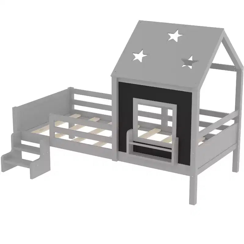Lit plateforme cabane double/grand format avec escaliers bas, bibliothèque, tableau noir et toit étoilé - ModernLuxe