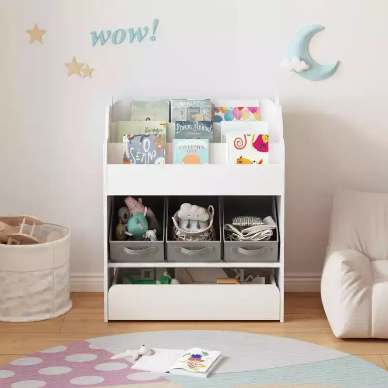 MAYEERTY Étagère de Rangement avec Bac et Tiroir, Organisateur de Livres Multifonctionnel en Bois pour Tout-petits, Salon, Blanc
