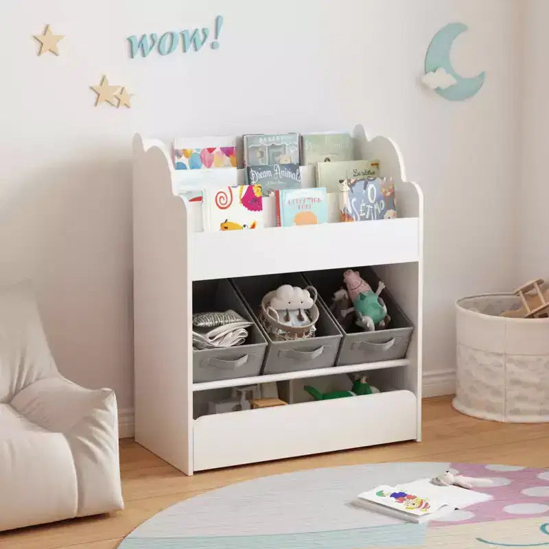 MAYEERTY Étagère de Rangement avec Bac et Tiroir, Organisateur de Livres Multifonctionnel en Bois pour Tout-petits, Salon, Blanc