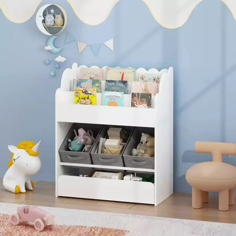 MAYEERTY Étagère de Rangement avec Bac et Tiroir, Organisateur de Livres Multifonctionnel en Bois pour Tout-petits, Salon, Blanc