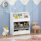 MAYEERTY Étagère de Rangement avec Bac et Tiroir, Organisateur de Livres Multifonctionnel en Bois pour Tout-petits, Salon, Blanc
