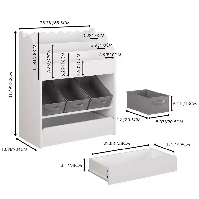 MAYEERTY Étagère de Rangement avec Bac et Tiroir, Organisateur de Livres Multifonctionnel en Bois pour Tout-petits, Salon, Blanc