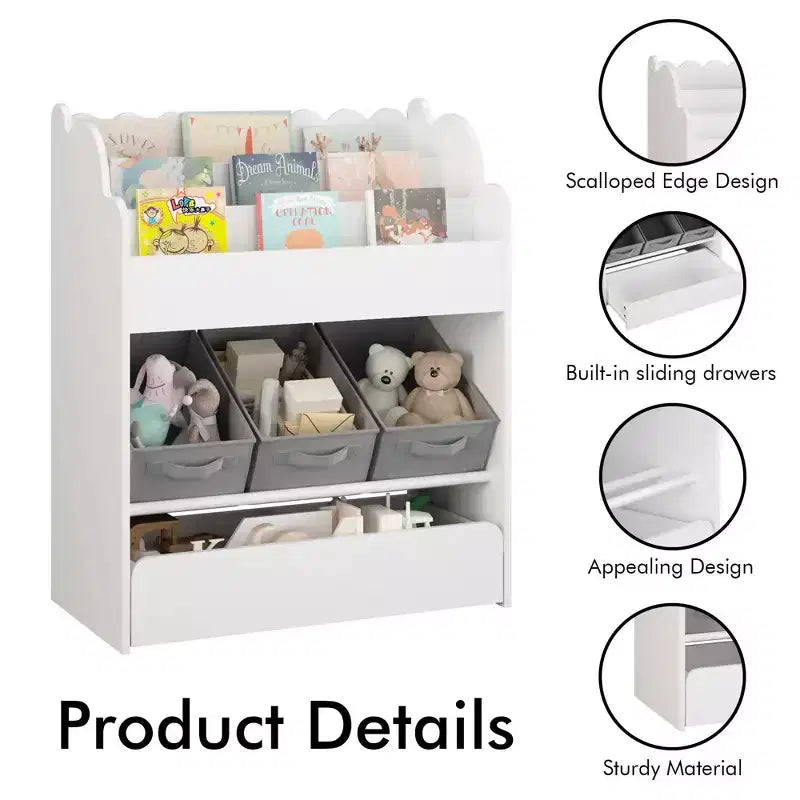 MAYEERTY Étagère de Rangement avec Bac et Tiroir, Organisateur de Livres Multifonctionnel en Bois pour Tout-petits, Salon, Blanc