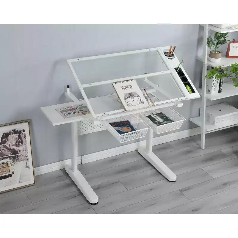 JVNOXK table à dessin réglable à manivelle avec 2 tiroirs métalliques (blanc) - AVEC TABOURET