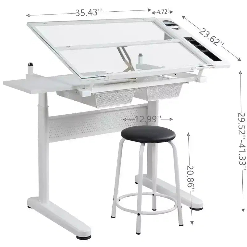 JVNOXK table à dessin réglable à manivelle avec 2 tiroirs métalliques (blanc) - AVEC TABOURET
