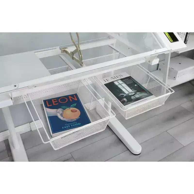 JVNOXK table à dessin réglable à manivelle avec 2 tiroirs métalliques (blanc) - AVEC TABOURET